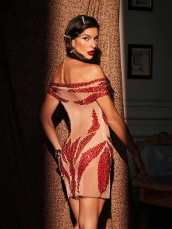 Dresses|Mini Dresses*Jiu Bajia O/S Toivo Off Shoulder Rhinestone Mesh Dress In Red