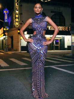 Embellishment|Dresses*Embellishment Tonica High Neck Rhinestone Acrylic Maxi Dress