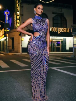Embellishment|Dresses*Embellishment Tonica High Neck Rhinestone Acrylic Maxi Dress