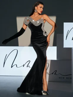 Embellishment|Dresses*Lu Yili Torin Strapless Wave Crystal Velvet Maxi Dress