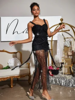 Dresses|Midi Dresses*Mew Mews Fashion Torquil Spaghetti Fringe Draped Midi Dress