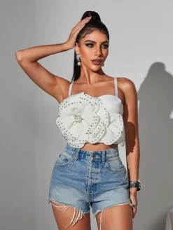 Tops*Mew Mews Fashion Trevion Spaghetti Flower Rhinestone Top
