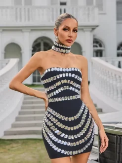 Dresses|Mini Dresses*Bandage Vaelith Strapless Crystal Mini Dress With Choker