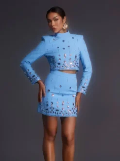 Sets & Co-ords*Mew Mews Fashion Vallea Long Sleeve Rhinestone Skirt Set In Blue
