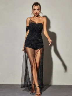 Dresses|Maxi Dresses*Mew Mews Fashion Vanita One Shoulder Mesh Maxi Dress In Black