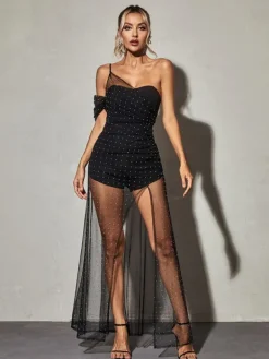 Dresses|Maxi Dresses*Mew Mews Fashion Vanita One Shoulder Mesh Maxi Dress In Black