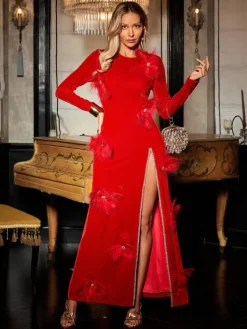 Dresses|Maxi Dresses*Mew Mews Fashion Veena Crystal Feather Trimmed Split Maxi Dress