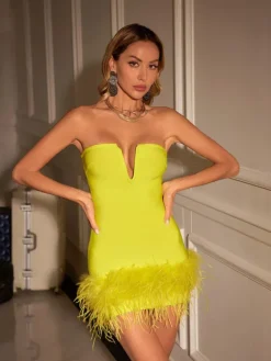 Dresses|Mini Dresses*Bandage Veer Strapless Feather Dress In Yellow