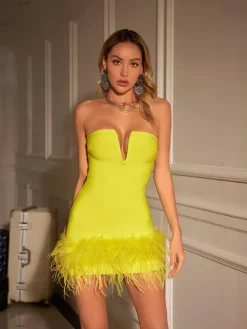 Dresses|Mini Dresses*Bandage Veer Strapless Feather Dress In Yellow
