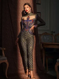 Jumpsuits & Romper|Embellishment*Embellishment Venetia Printed Rhinestone Jumpsuit