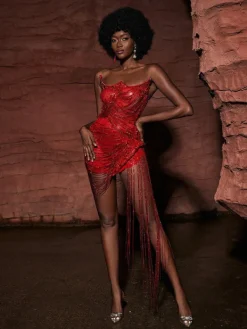 Embellishment|Dresses*Embellishment Verona Embellished Diamond Chain Dress In Red