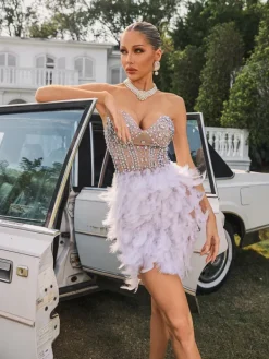 Dresses|Mini Dresses*W Jia Vieby Strapless Embellished Feather Mini Dress
