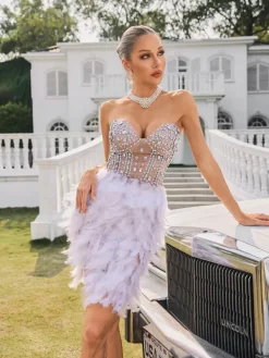 Dresses|Mini Dresses*W Jia Vieby Strapless Embellished Feather Mini Dress