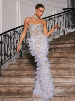 Embellishment|Dresses*Embellishment Vieby Strapless Rhinestone Feather Maxi Dress In White