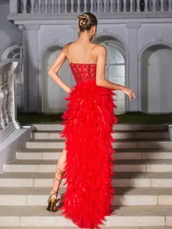 Embellishment|Dresses*Embellishment Vieby Strapless Rhinestone Feather Maxi Dress In Red