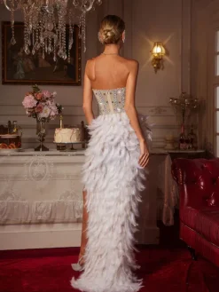 Embellishment|Dresses*Embellishment Vieby Strapless Rhinestone Feather Maxi Dress In White