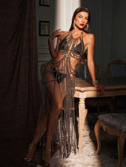 Dresses|Maxi Dresses*Mew Mews Fashion O/S Virgil Halterneck Fringe Body Chain Dress