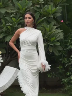 Dresses*Mew Mews Fashion Vulcan One Shoulder Feather Kaftan Dress