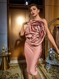 Dresses*Mew Mews Fashion Wells Satin Ruched Flower Midi Dress