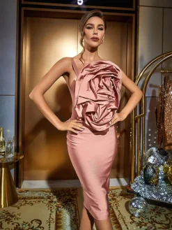 Dresses*Mew Mews Fashion Wells Satin Ruched Flower Midi Dress