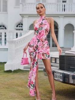 Dresses|Mini Dresses*Mew Mews Fashion Wyvanna Halterneck Floral Twisted Mini Dress