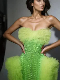 Dresses|Maxi Dresses*Jiu Bajia O/S Xaelthar Strapless Rhinestone Tulle Maxi Dress In Green