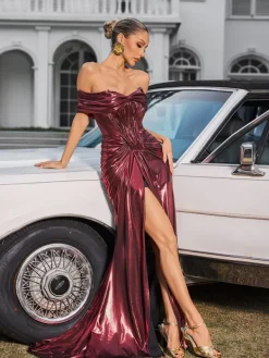 Dresses|Maxi Dresses*Mew Mews Fashion Xanthelle Off Shoulder Split Metallic Maxi Dress