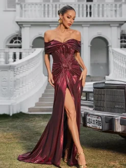 Dresses|Maxi Dresses*Mew Mews Fashion Xanthelle Off Shoulder Split Metallic Maxi Dress