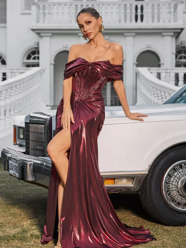Dresses|Maxi Dresses*Mew Mews Fashion Xanthelle Off Shoulder Split Metallic Maxi Dress