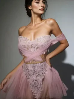 Dresses|Mini Dresses*Jiu Bajia O/S Xynthra Off Shoulder Lace Mini Dress In Pink
