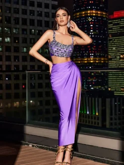 Sets & Co-ords*Mew Mews Fashion O/S Yeats Spaghetti Crystal Split Skirt Set In Purple