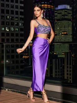 Sets & Co-ords*Mew Mews Fashion O/S Yeats Spaghetti Crystal Split Skirt Set In Purple