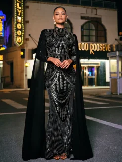 Dresses|Maxi Dresses*Mew Mews Fashion Yuriy Long Sleeve Sequin Draped Maxi Dress