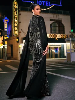 Dresses|Maxi Dresses*Mew Mews Fashion Yuriy Long Sleeve Sequin Draped Maxi Dress