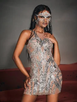 Embellishment|Dresses*Embellishment Zaiden Rhinesone Mesh Mini Dress