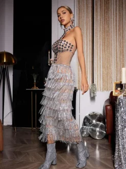 Embellishment|Dresses*Embellishment Zelie Halterneck Rhinestone Fringe Midi Dress