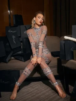 Jumpsuits & Romper|Embellishment*Embellishment O/S Zelie Rhinestone Embellished Mesh Jumpsuit