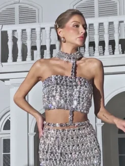 Embellishment*Embellishment Zelie Rhinestone Skirt Set In Silver