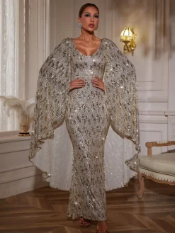 Dresses|Maxi Dresses*Mew Mews Fashion Zephyrus Draped Sleeve Sequin Maxi Dress
