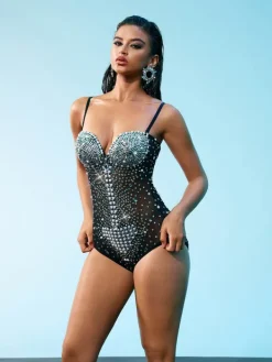 Bodysuits|Tops*Embellishment Ziga Spaghetti Rhinestone Mesh Bodysuit