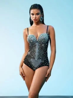 Bodysuits|Tops*Embellishment Ziga Spaghetti Rhinestone Mesh Bodysuit