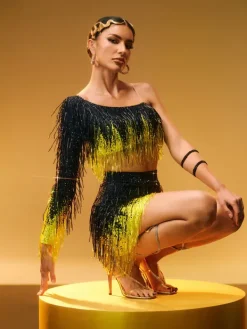 Sets & Co-ords|Embellishment*Embellishment Zone One Shoulder Fringe Skirt Set
