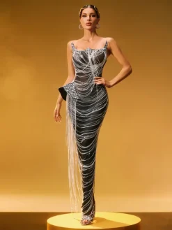 Embellishment|Dresses*Embellishment Zories Strapless Crystal Chain Fringe Maxi Dress