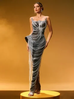 Embellishment|Dresses*Embellishment Zories Strapless Crystal Chain Fringe Maxi Dress