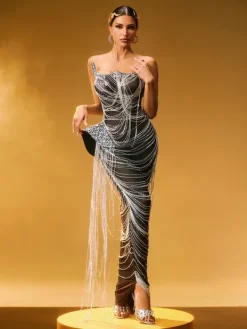 Embellishment|Dresses*Embellishment Zories Strapless Crystal Chain Fringe Maxi Dress