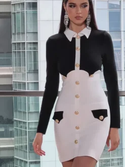 Dresses|Mini Dresses*Bandage Zsiga Folded Collar Button Mini Dress