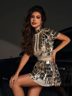 Dresses|Mini Dresses*Jiu Bajia O/S Zuleika Short Sleeve Acrylic Mini Dress In Silver