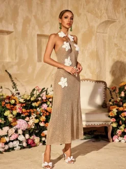 Dresses|Midi Dresses*Mew Mews Fashion Zyxaris Halterneck Cutout Flower Midi Dress